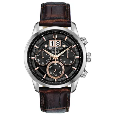 Bulova Sutton Quartz Watch 44mm Men's Watch - Silver-Tone Case, Brown Leather Strap & Black Dial
