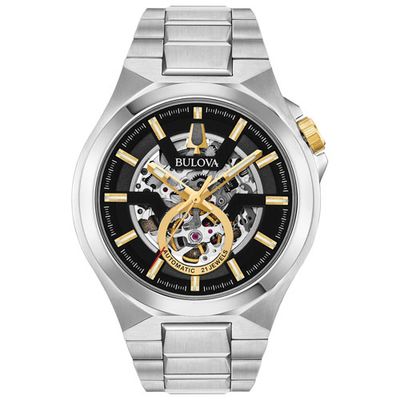 Bulova Maquina Automatic Watch 46mm Men's Watch - Silver-Tone Case, Bracelet & Black Dial