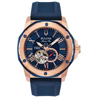 Bulova Marine Star Automatic Watch 44mm Men's Watch - Two-Tone Case, Multiple Silicone Strap & Blue Dial