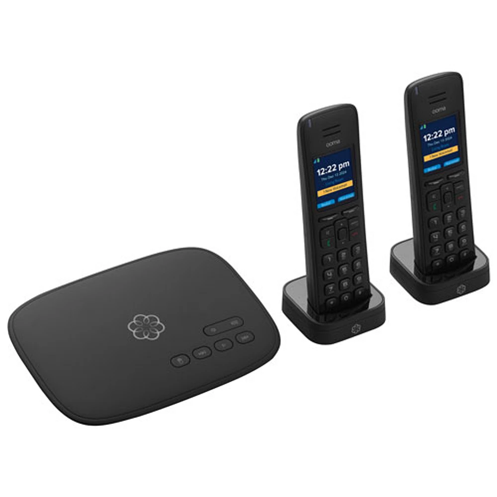 Ooma Telo Internet Home Phone Service with 2 Cordless Handsets – Black