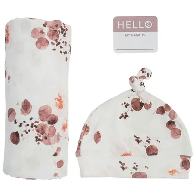 Lulujo Hello World Bamboo Swaddle & Hat - 0 to 4 Months - Eucalyptus