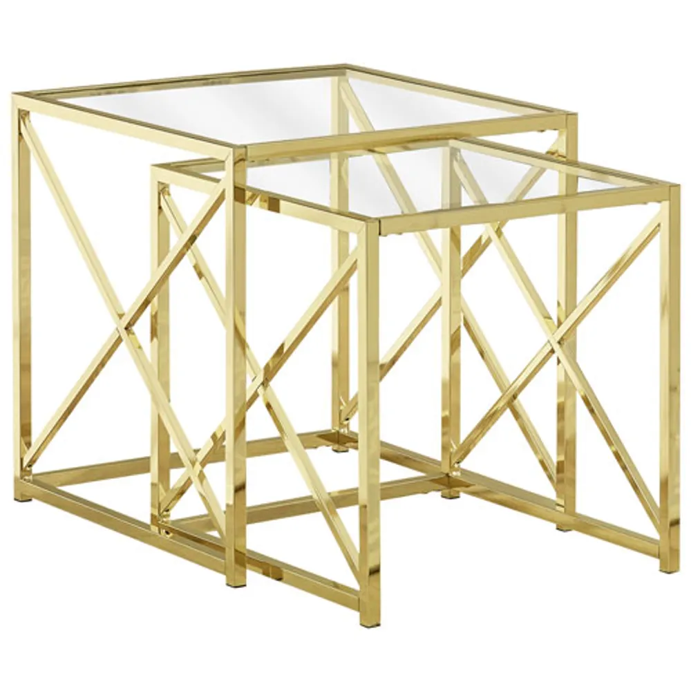 Monarch X-Leg Modern 2-Piece Nesting Table Set - Glass/Gold