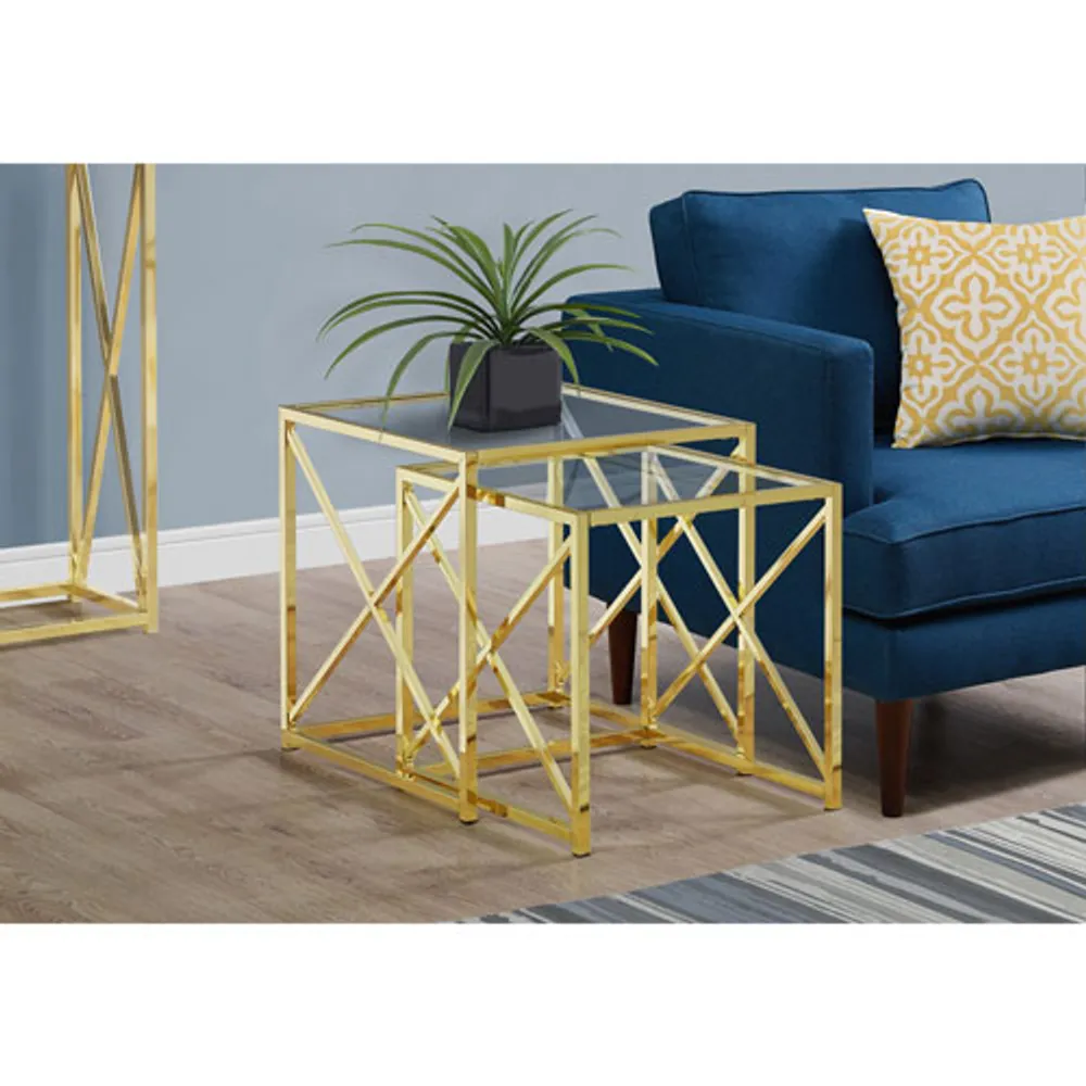 Monarch X-Leg Modern 2-Piece Nesting Table Set - Glass/Gold