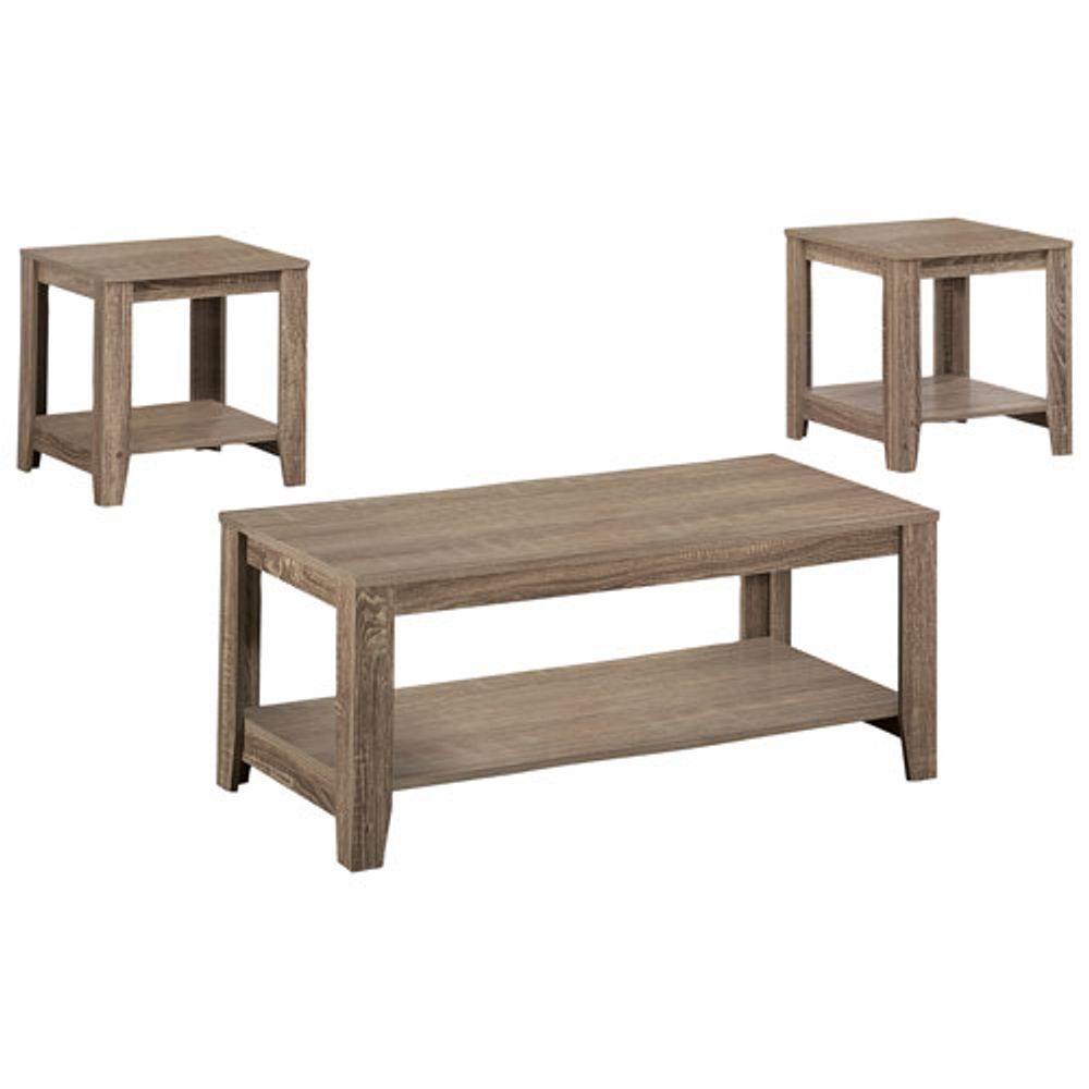 Monarch Contemporary 3-Piece Coffee Table & End Tables Set with Half Shelves - Taupe