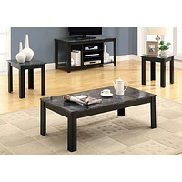 Monarch Contemporary 3-Piece Coffee Table & End Tables Set - Grey Marble/Black