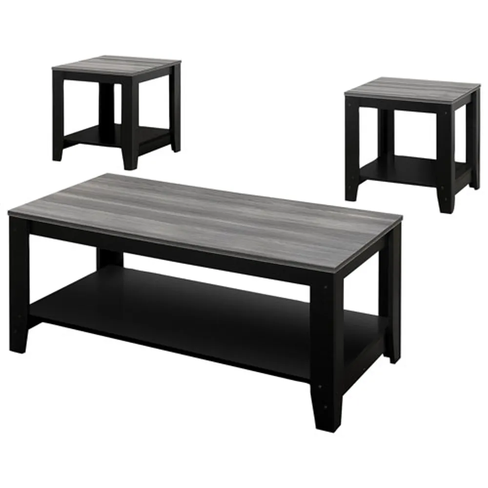 Monarch Contemporary 3-Piece Coffee Table & End Tables Set with Shelves - Oak Grey/Black