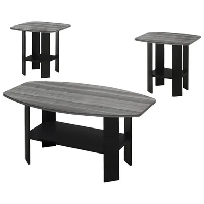 Monarch Rounded Contemporary 3-Piece Coffee Table & End Tables Set with Shelves - Oak Grey/Black