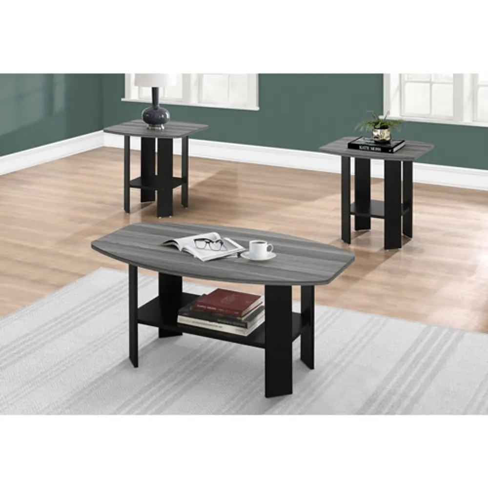 Monarch Rounded Contemporary 3-Piece Coffee Table & End Tables Set with Shelves - Oak Grey/Black