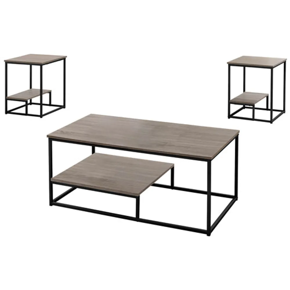 Monarch Contemporary 3-Piece Coffee Table & End Tables Set with Half Shelves - Taupe/Black