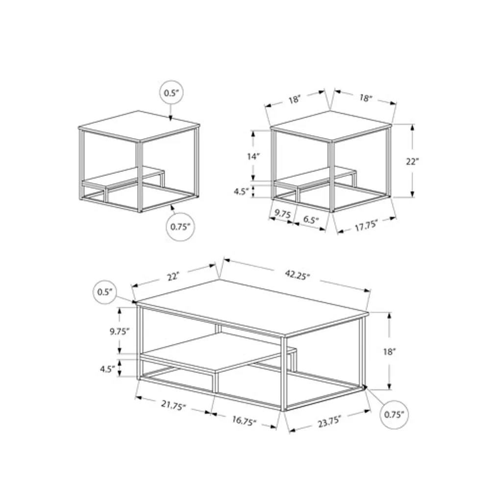 Monarch Contemporary 3-Piece Coffee Table & End Tables Set with Half Shelves - Taupe/Black