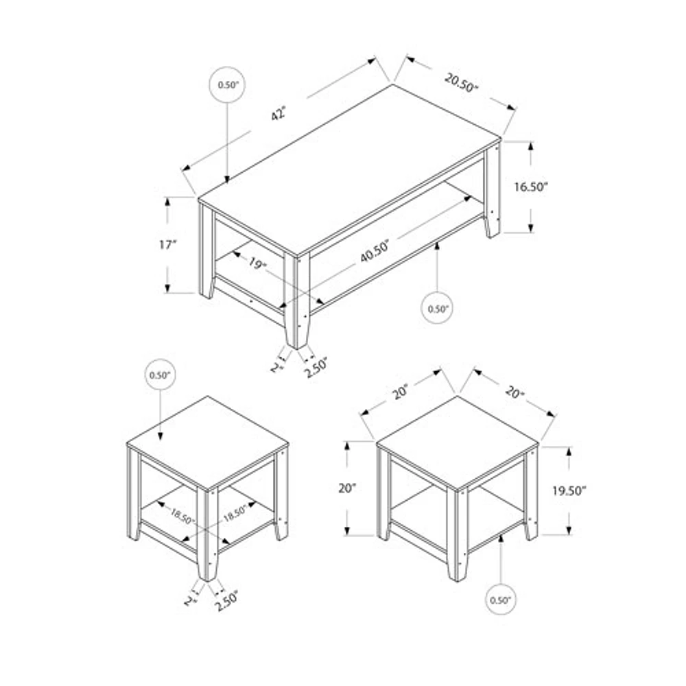 Monarch Contemporary 3-Piece Coffee Table & End Tables Set with Shelves