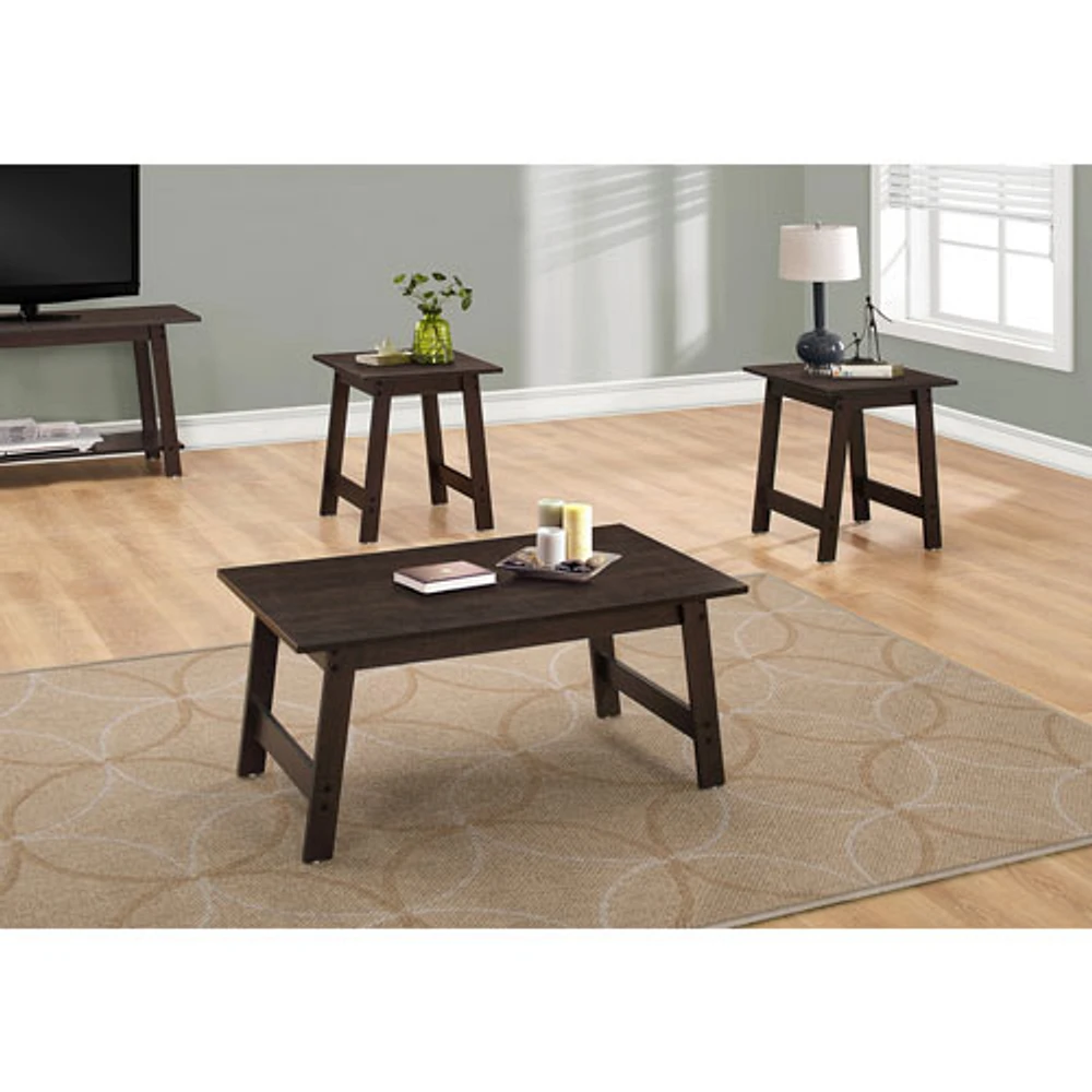 Monarch Angled-Leg Contemporary 3-Piece Coffee Table & End Tables Set - Cappuccino