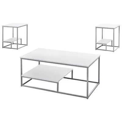 Monarch Contemporary 3-Piece Coffee Table & End Tables Set with Half Shelves - White/Silver