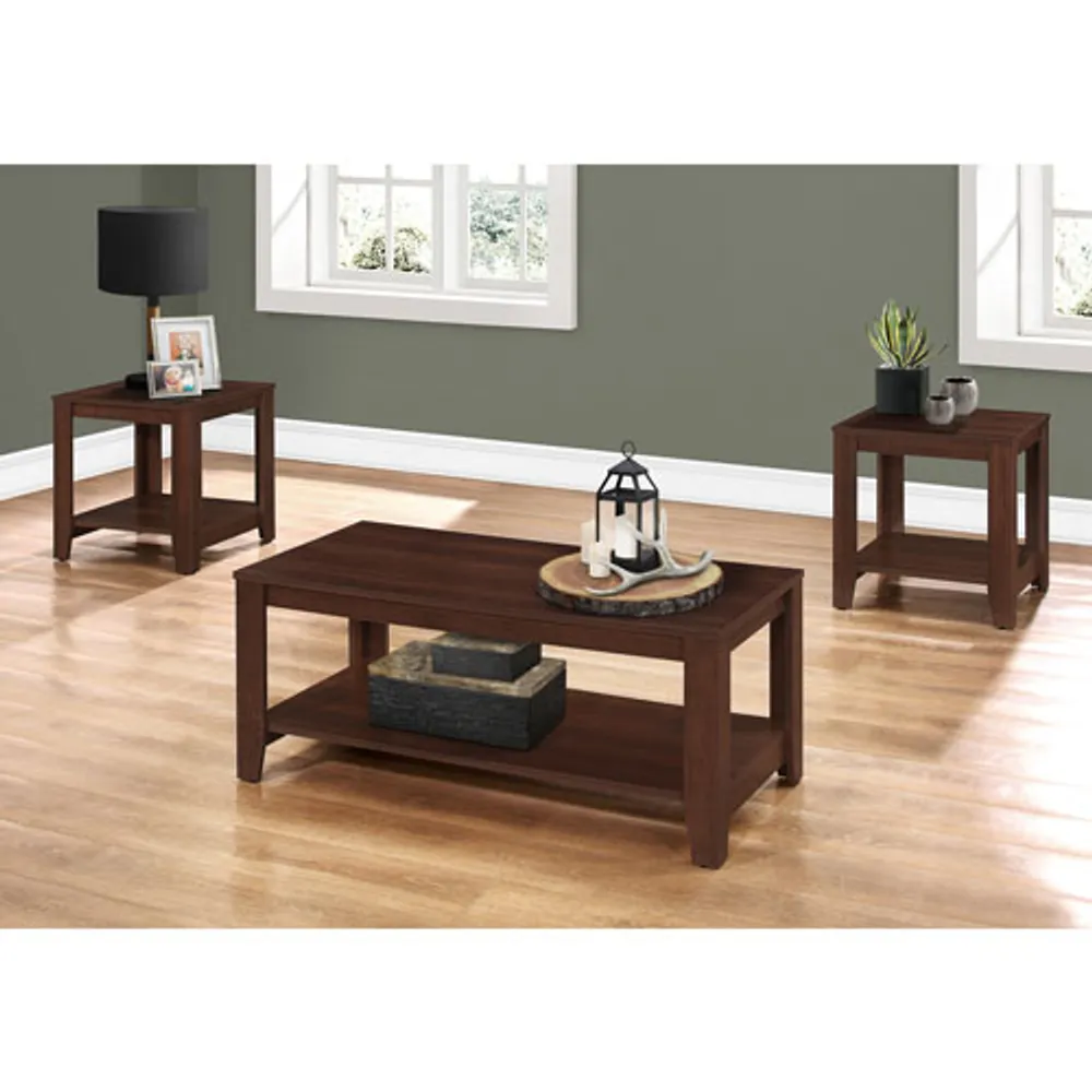 Monarch Contemporary 3-Piece Coffee Table & End Tables Set with Shelves - Cherry