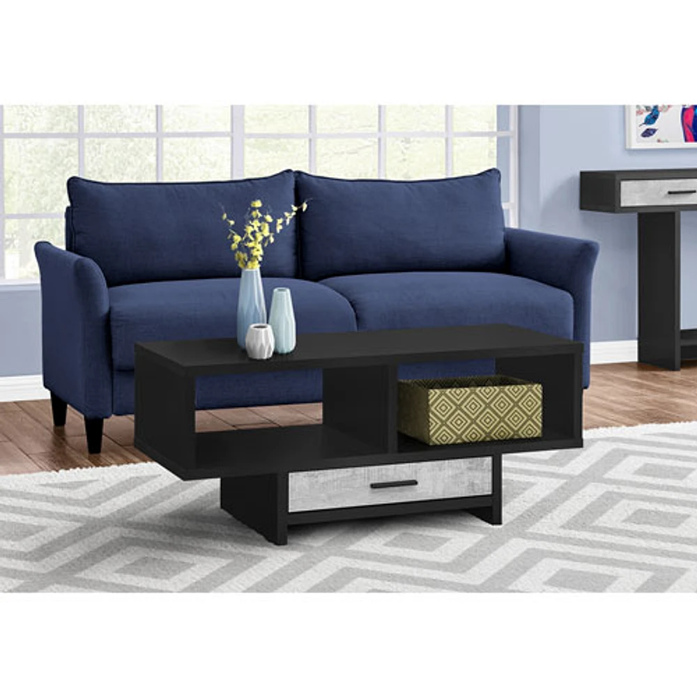 Monarch Modern Rectangular Coffee Table with Cubbies & Drawer - Black/Rustic Grey