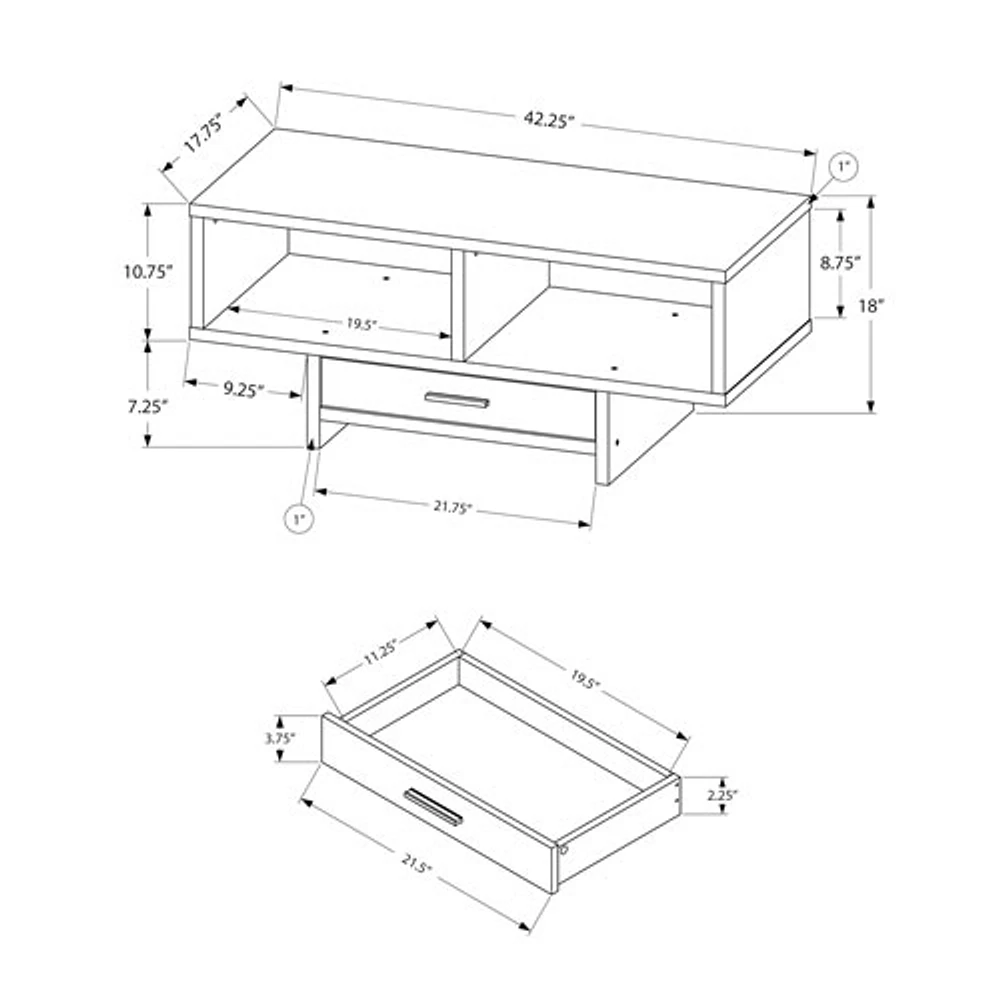 Monarch Modern Rectangular Coffee Table with Cubbies & Drawer - Black/Rustic Grey