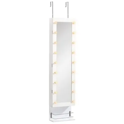 HOMCOM Jewelry Cabinet, Wall Door Mounted Jewelry Armoire with 18 LED Light Bulbs, Over The Door Mirror Storage Organizer with Storage Shelves, Drawer, White