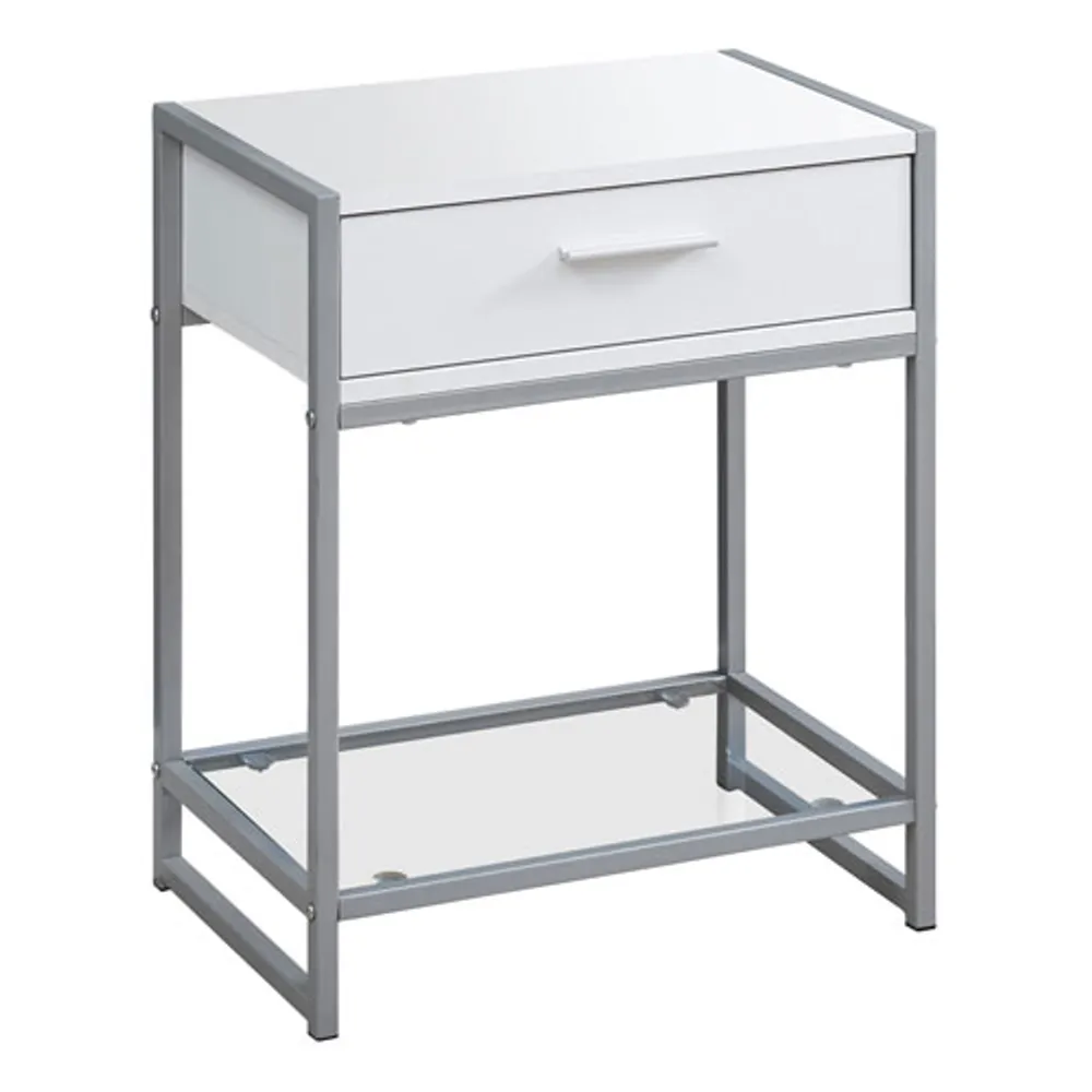 Monarch Modern Rectangular End Table with Drawer & Glass Shelf - White/Grey