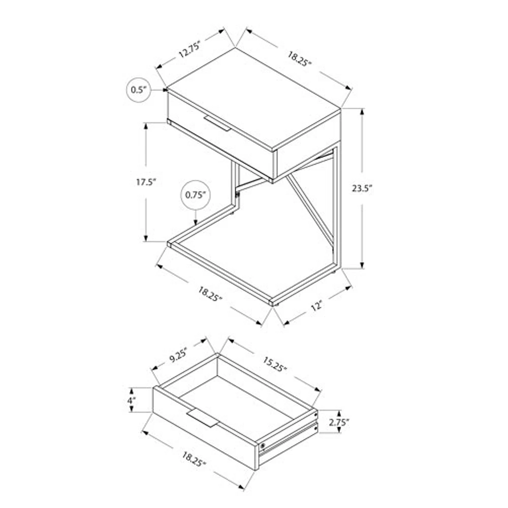 Table d'appoint rectangulaire moderne avec rangement de Monarch - Taupe foncé/Chrome