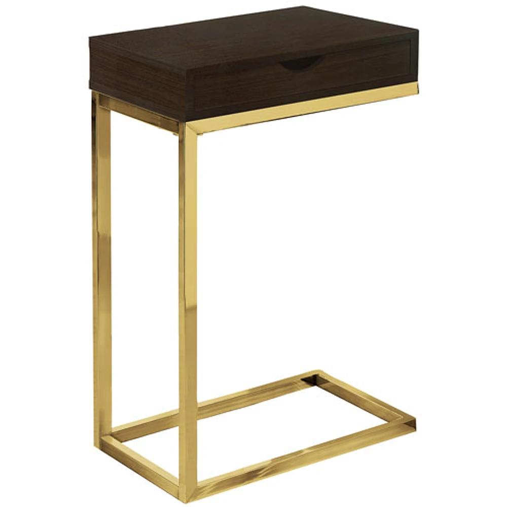 Monarch Modern Rectangular C-Shape End Table With Drawer - Cappuccino/Gold