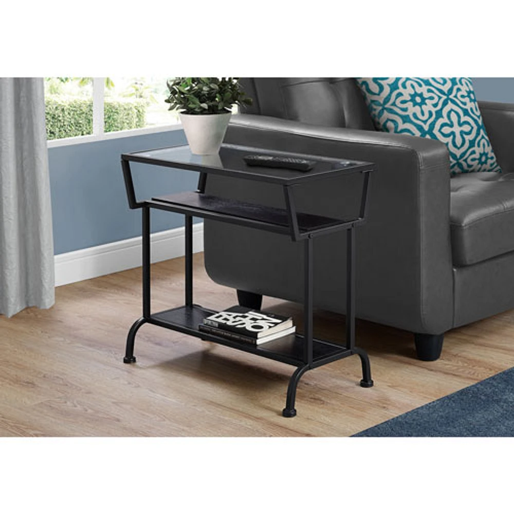 Monarch Modern Rectangular End Table With Tempered Glass Top and 2 Shelves