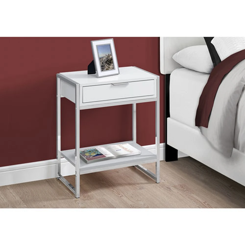 Monarch Modern Rectangular End Table With Drawer and Shelf - White/Chrome