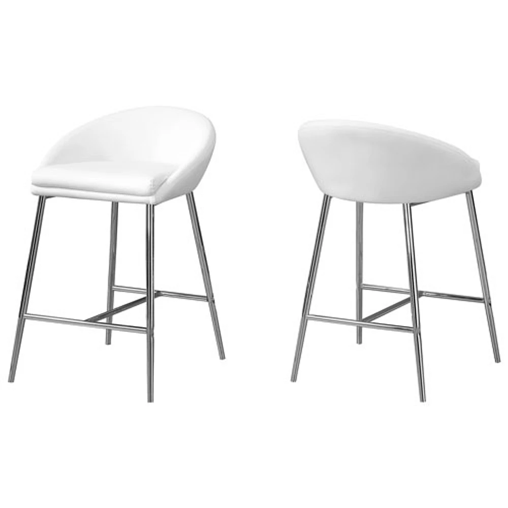 Leather-Look Contemporary Counter Height Barstool - Set of 2 - White/Chrome