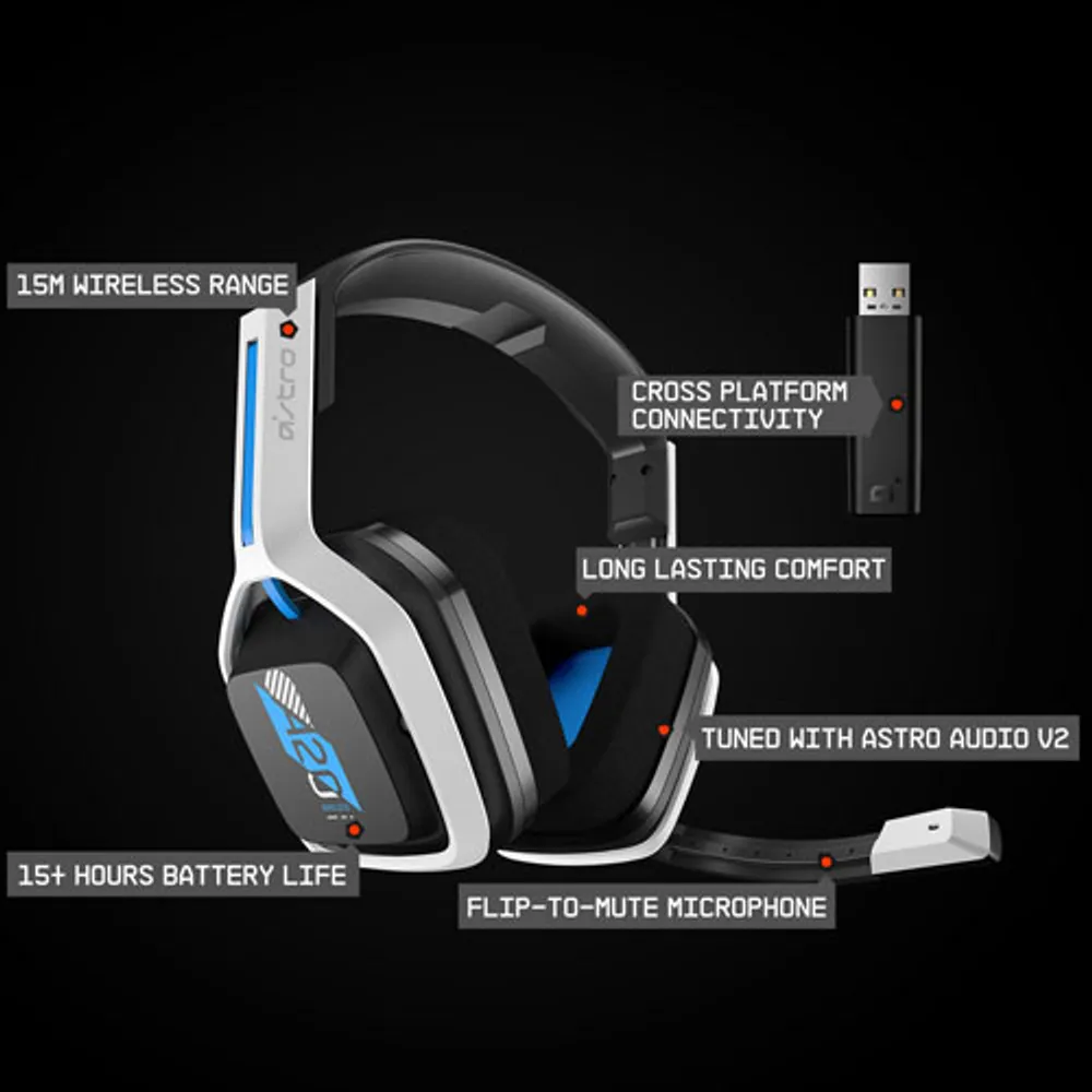 Casque de jeu sans fil avec microphone A20 de 2e gén d'ASTRO Gaming pour PS4 et PS5 - Blanc/Bleu