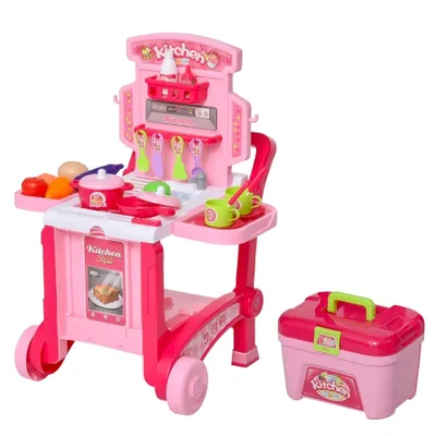 Qaba Pretend Play Kitchen Playset Chef Role Play Game 3-in-1 Design Suitcase Cart with 42 Pcs Accessories for Girls and Boys 3 to 6 Years Old Pink