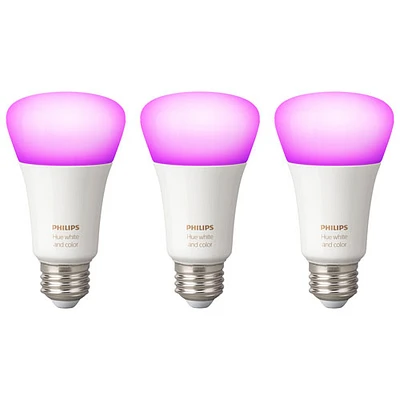 3 ampoules DEL intelligentes Bluetooth Hue A19 de Philips - Ambiance blanche et couleur - Exclusivité de Best Buy