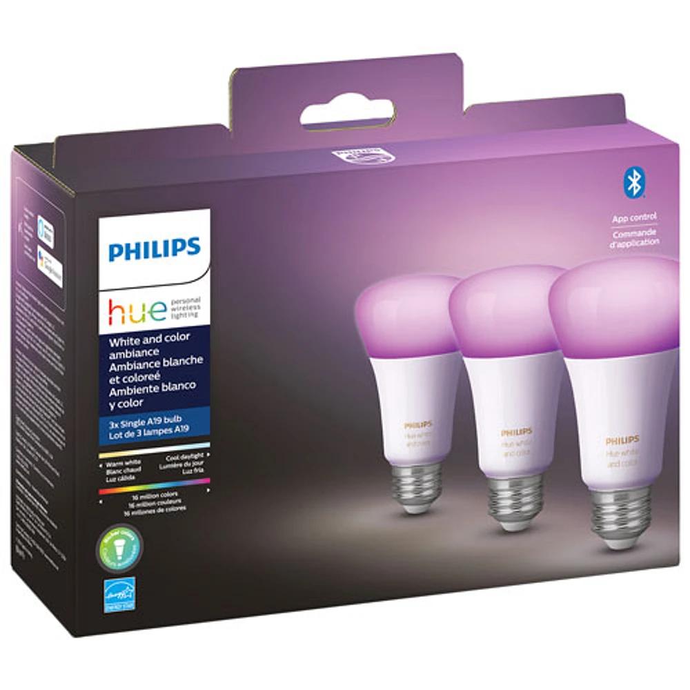 3 ampoules DEL intelligentes Bluetooth Hue A19 de Philips - Ambiance blanche et couleur - Exclusivité de Best Buy