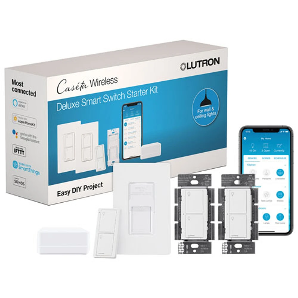 Lutron Caseta Smart Switch with Smart Bridge & Pico Remote Control (P-BDG-PKG2WS-WHC) - 2-Pack