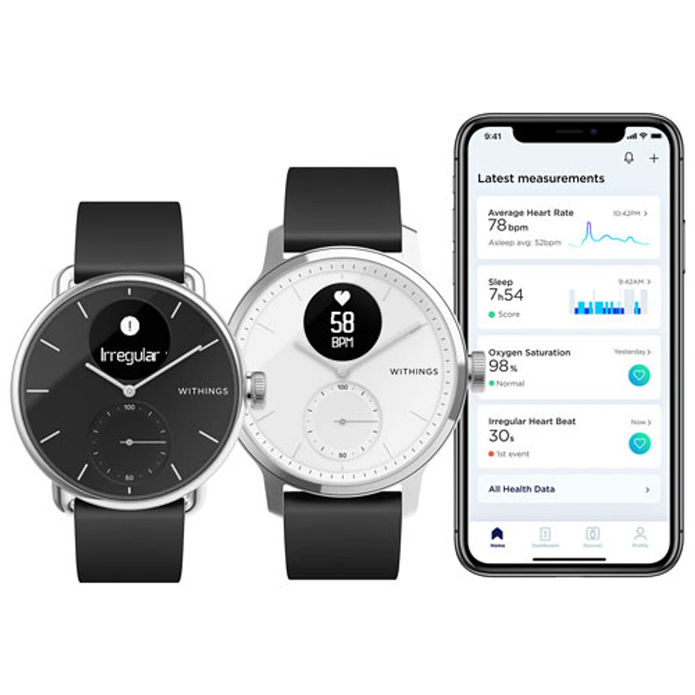 Montre intelligente hybride 38 mm ScanWatch Withings moniteur de fréquence cardiaque/oxymètre - Noir