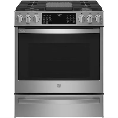 GE Profile 30" 5.6 Cu.Ft. True Convection 5-Burner Slide-In Gas Air Fry Range (PCGS930YPFS) - Stainless