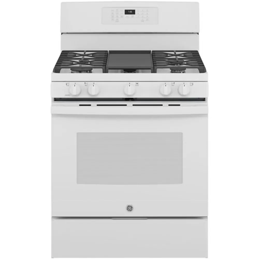 GE 30" 5.0 Cu. Ft. Fan Convection 5-Burner Freestanding Gas Air Fry Range (JCGB735DPWW) - White