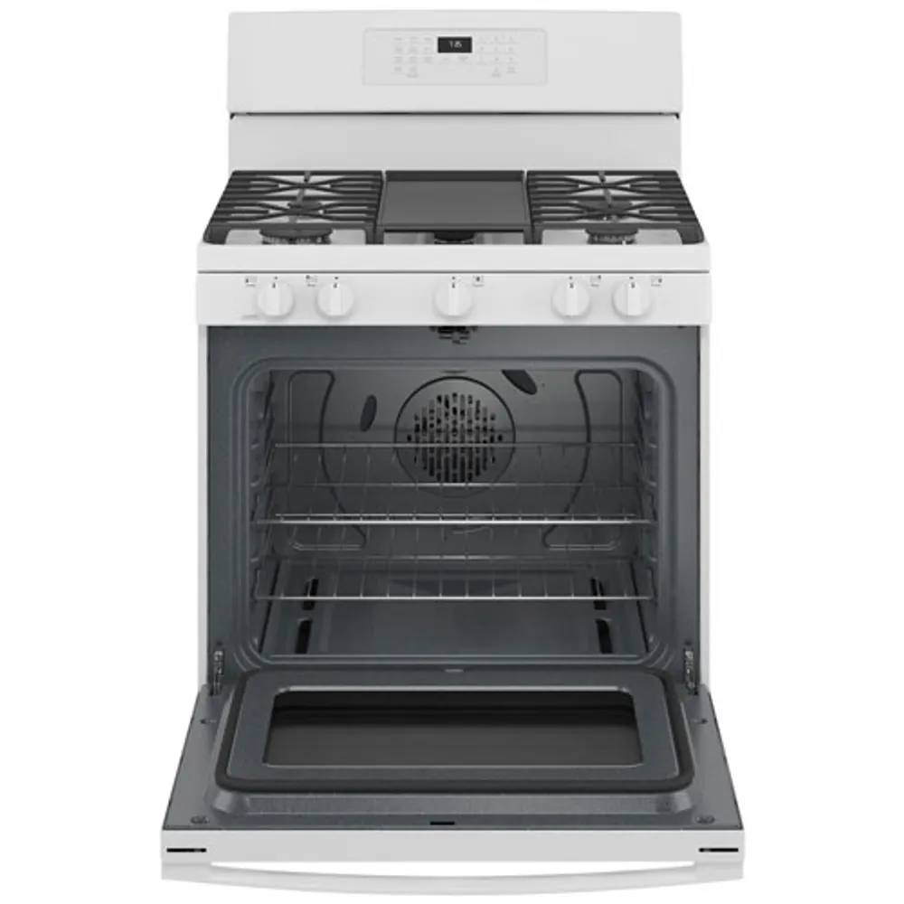 GE 30" 5.0 Cu. Ft. Fan Convection 5-Burner Freestanding Gas Air Fry Range (JCGB735DPWW) - White