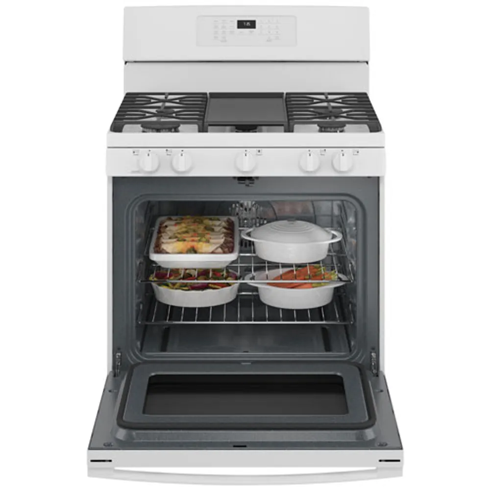 GE 30" 5.0 Cu. Ft. Fan Convection 5-Burner Freestanding Gas Air Fry Range (JCGB735DPWW) - White