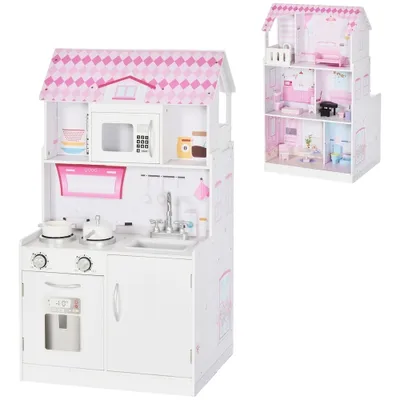 Qaba 2 in 1 Multifunctional Kids kitchen Doll House Toddler Pretend Play Toy Kitchen with Accessories Realistic Play Cooking Set for Girls Boys Pink