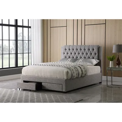 Brassex Modern Upholstered Bed with 4-Drawer Storage - King - Silver