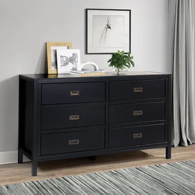 Classic Solid Wood Modern 6-Drawer Dresser - Black