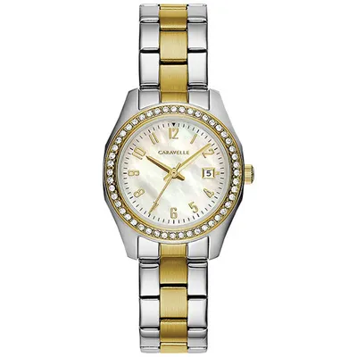 Caravelle Sport 30mm Women's Fashion Watch with Crystal Bezel - Gold/Silver/Mother of Pearl