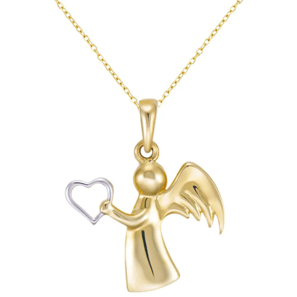 Le Reve Collection Two-Tone Gold Angel with Heart Pendant on 18" 10K Gold Chain