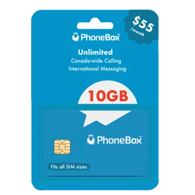 Phonebox Canadian Prepaid SIM Card - Unlimited Talk, Text, and 10GB of LTE Data