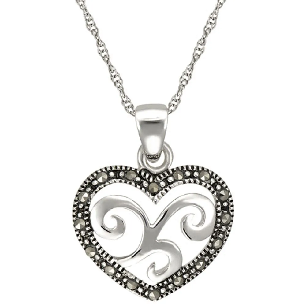 Le Reve Collection Black Marcasite Heart Pendant on 18" Sterling Silver Chain