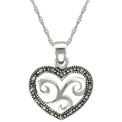 Le Reve Collection Black Marcasite Heart Pendant on 18" Sterling Silver Chain