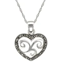 Le Reve Collection Black Marcasite Heart Pendant on 18" Sterling Silver Chain