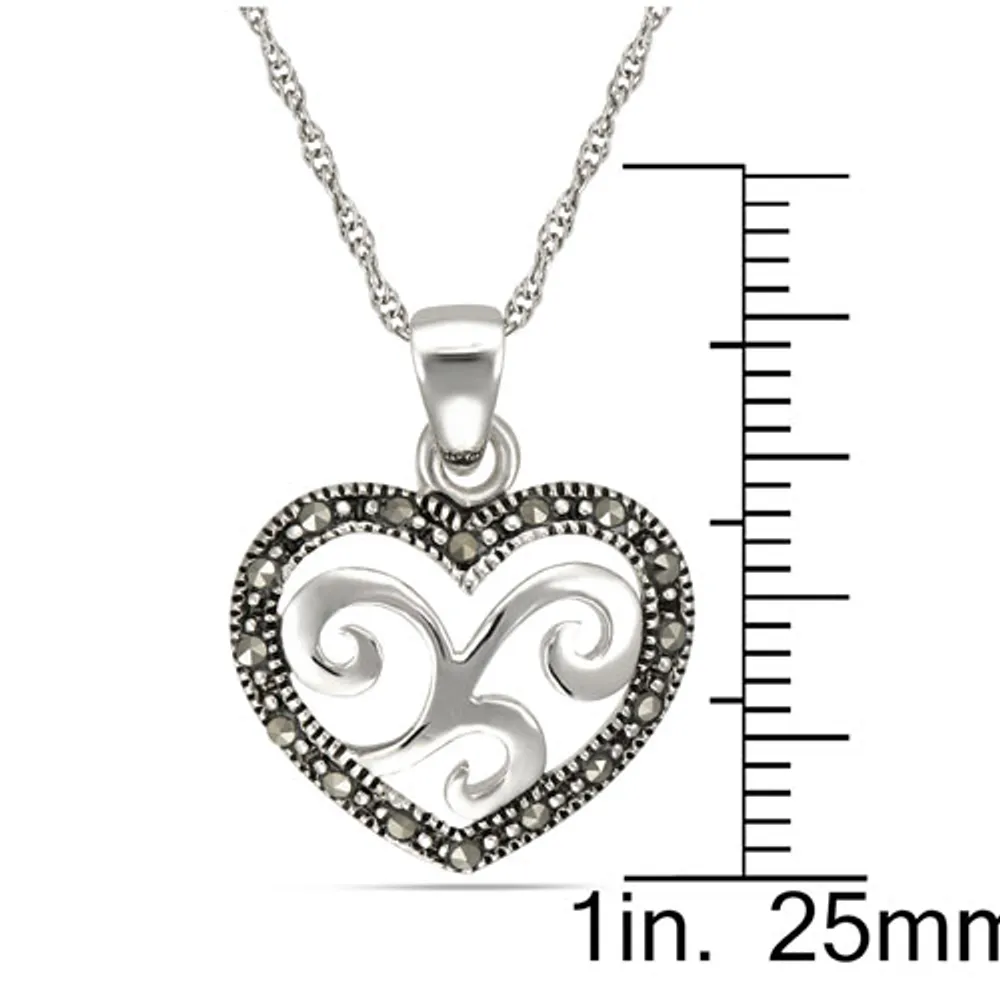 Le Reve Collection Black Marcasite Heart Pendant on 18" Sterling Silver Chain