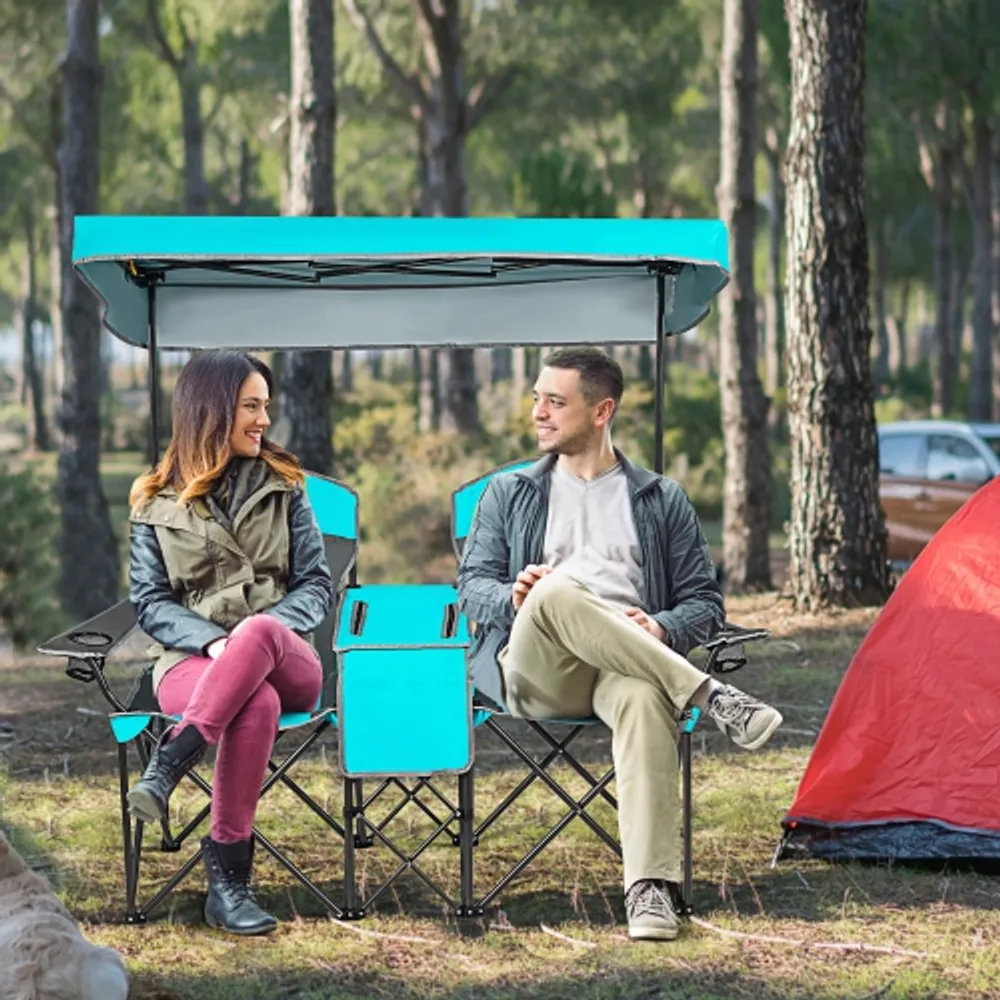 COSTWAY Goplus Portable Folding Camping Canopy Chairs w/ Cup Holder Cooler  Outdoor Turquoise