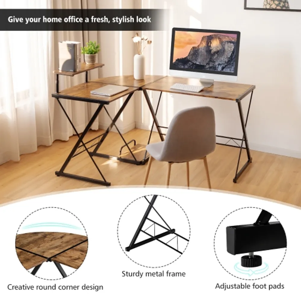 Costway 58'' x 44'' L-Shaped Gaming Desk with Monitor Stand & Host Tray –  Light Wood