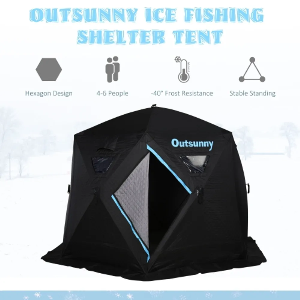 Outsunny 4-6 People Ice Fishing Tent Shelter, Pop-up Winter Tent for -40℃,  Portable with Carry Bag, Zippered Door, Anchors, Oxford Fabric Build, 9.7ft